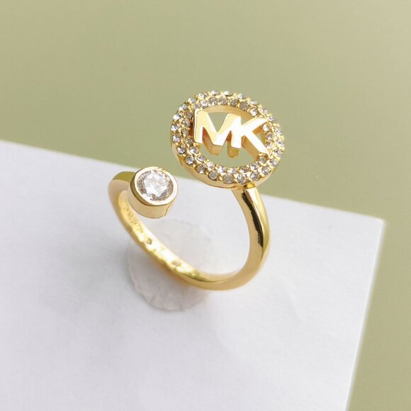 Michael Kors Monogram Logo and Crystal Gold Open Ring #7 NEW - Picture 2 of 5